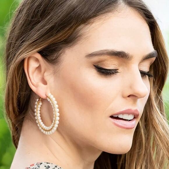 New Plunder “Adele” Double-Sided Pearl Hoop Earrings (2”) - Picture 2 of 3